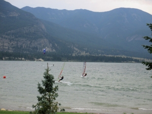 Flying across the lake.